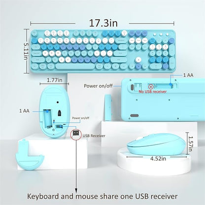 Links9+ Wireless Keyboard and Mouse, Full-Size Retro Typewriter Keyboard with Round Keycaps, 2.4GHz for Windows, Mac, Laptop, PC, Desktop (Blue Colorful)