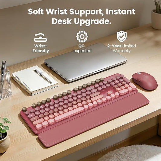 Wireless Keyboard and Mouse Combo, Magnetic Soft-Touch Wrist Rest, Round Keycaps, Full-Size Retro Typewriter Keyboard, 2-Stage Tilt Legs, Auto Sleep, 2.4GHz Cordless for Windows PC, Rose Pink Ombre