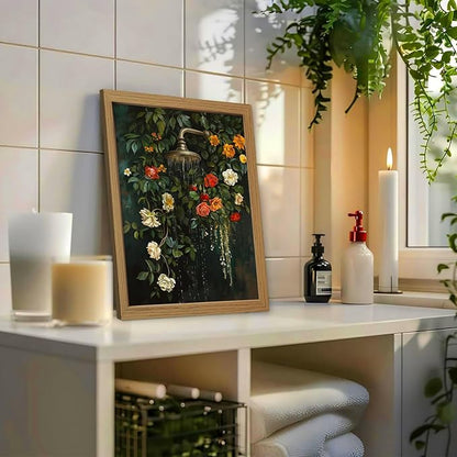 CXQILVER Vintage Framed Floral Bathroom Wall Art Canvas, Green Botanical Flowers Shower Wall Decor, Rustic Farmhouse Bathroom Decor Aesthetic Picture Artwork for Bedroom Living Room Guest Bath 12x16in