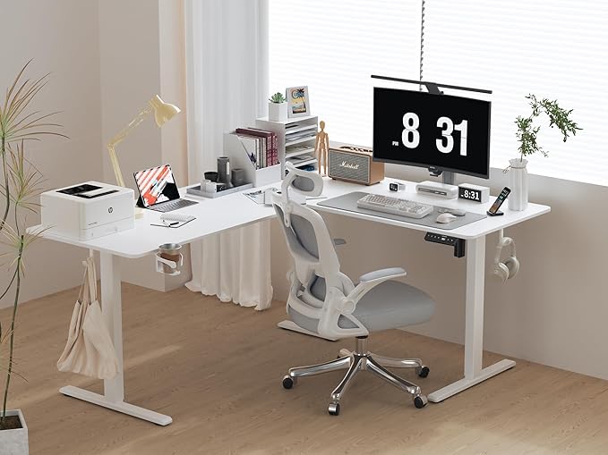 WALKINGDESK 63x55 Inches Reversible L Shaped Standing Desk, Height Adjustable With Cup Holder, Electric Corner Computer Workstation, Sit Stand up Home Office, Standing Desk with Cable Management White