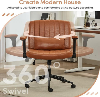 IPKIG Criss Cross Chair with Adjustable Flip-up Arms, Vanity Chair with Wheels, Comfy Desk Chair with Lumbar Pillow Swivel Wide Office Chair for Home Office, Bedroom (PU Leather, Brown)