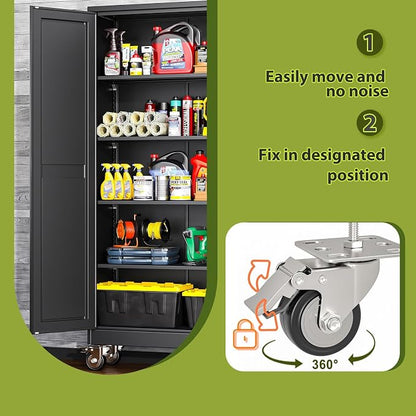 Metal Garage Storage Cabinet with Wheels, 61" H x 27.6" W x 13.8" D, Lockable Rolling Steel Tool Cabinet with Adjustable Shelves, Heavy Duty Garage Cabinet for Workshop, Basement, Home, Black