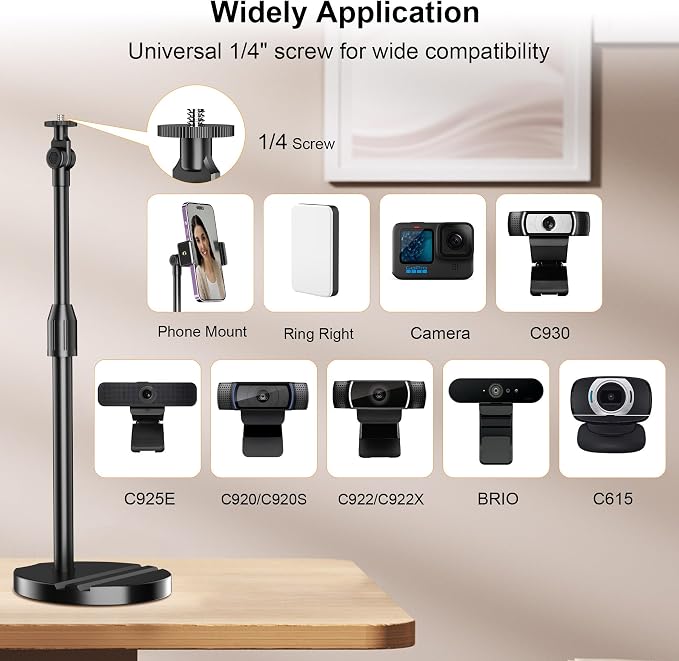 LenTok Telescopic Webcam Tripod Stand for Desk with Phone Holder, Desktop Webcam Mount Compatible with C922 C930e C920S C920 C615 C960 C920x Brio 4K, Table Phone Stand with 1/4'' Thread