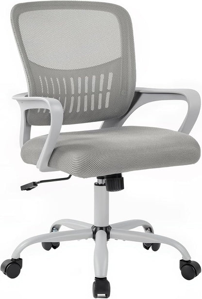 DUMOS Home Office Computer Chair - Ergonomic Mid Back Desk with Lumbar Support and Rocking Mode, Height Adjustable with Fixed Armrest, for Conference Meeting Room, 360° Swivel, Adults, Grey