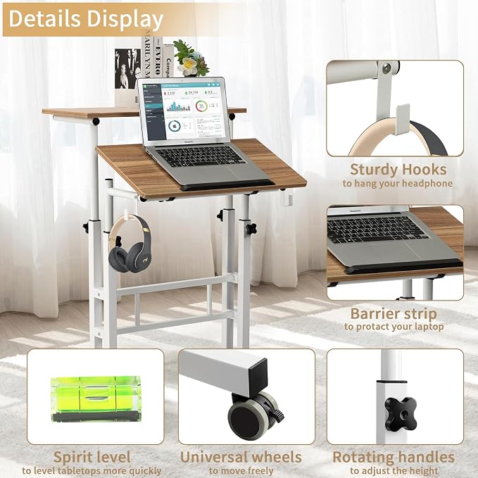 SIDUCAL Small Standing Desk, Portable Stand Up Desk, Height Adjustable Mobile Standing Table Converter with Wheels Computer Workstations, Rolling Laptop Cart for Stand or Sit, Vintage Oak