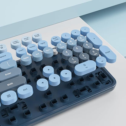 Guffercty kred Colorful Blue Wireless Keyboard and Mouse Combo, Retro Typewriter Wireless Full-Size Cute Office Keyboard 2.4GHz with Round Keycaps for Desktop Laptop and PC (Ocean Blue)