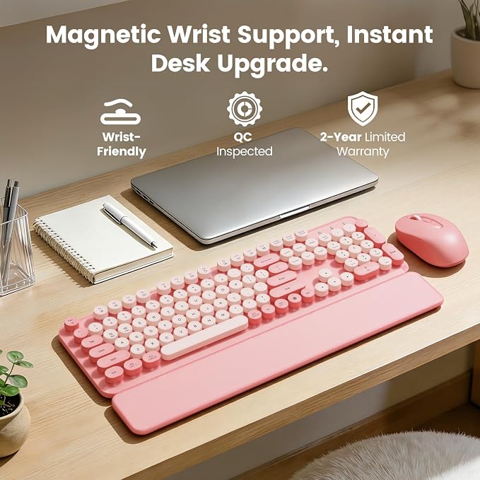 Wireless Keyboard and Mouse Combo with Magnetic Wrist Rest, Round Keycaps, Full-Size Retro Typewriter-Style, Two-Stage Tilt Legs, Auto-Sleep, 2.4G Wireless for Windows Mac Laptop PC, Soft Blush Pink