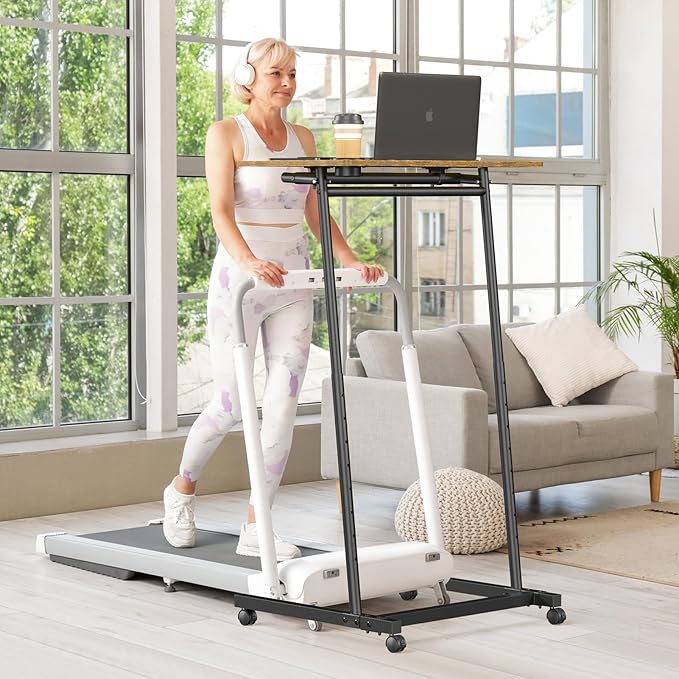 Eocnrhe Treadmill Desk, Mobile Small Standing Desk with Wheels for Walking Pad, Portable Table for Laptop, Rolling Table Adjustable Height, Bedside Table，Brown