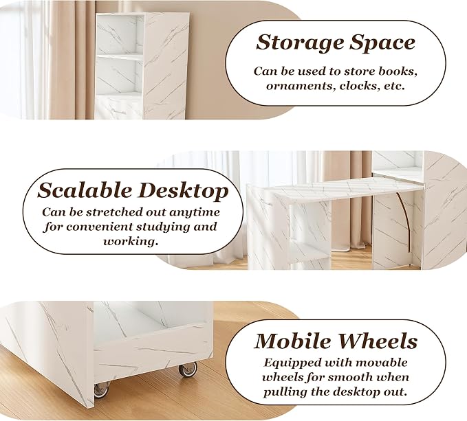 Fold Out Desk with Storage Shelves, Convertible Murphy Table, Mid Century Pull Out Home Office Desk with Mobile Wheels, Hidden Writing Desks for Small Spaces (White Marble)