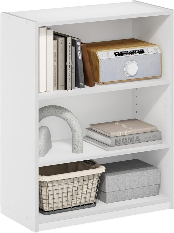 Furinno GEHRY Book Shelf, 3-Tier Small Bookshelf, Bookcase with Adjustable Shelves, 11.6 x 24.8 x 31.6, for Organization and Storage, for Living Room, Bedroom, Home Office, White