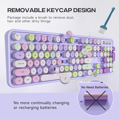 MOWUX Computer Keyboard Wired, Plug and Play USB Retro Round Typewriter Keyboard, Full Size Wired Keyboard with Foldable Stands for Laptop and Office PC- Purple Colorful