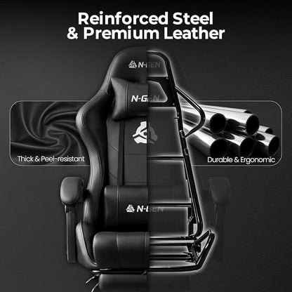 N-GEN GAMING Video Gaming Chair with Footrest Lumbar Support for Home Office High Back Recliner Height Adjustable Ergonomic Comfy Leather Computer Desk Chair (Black)