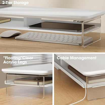 Fenge Acrylic Monitor Stand Riser, 42.5 Inches Dual Monitor Stand with Metal Storage, 2 Tier Acrylic Computer Riser for Desk, Clear Laptop Stand for PC, Laptop, Printer, TV, White