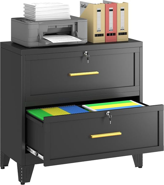Metal Lateral File Cabinet with Lock,2 Drawer Steel Wide Filing Organization Storage Cabinets for Legal/Letter/A4/F4 Size with Hanging Files&Key,Lockable Printer Stand for Home Office, Black