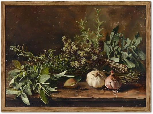 Framed Vintage Kitchen Wall Art, Rustic Garlic and Herbs Pictures Wall Decor Paintings, Farmhouse Cottagecore Canvas Prints Artwork for Home Dining Room Living Room 16x24 inch