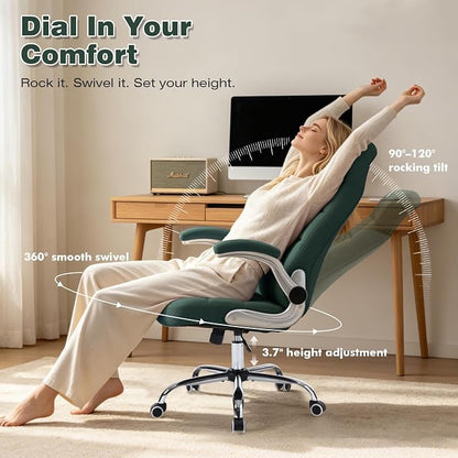 High Back Fabric Comfy Office Chair, Velvet Executive Desk Chair with Flip-Up Arms, Ergonomic Office Chairs with Lumbar Support, Upholstered Home Computer Swivel Chair with Wheels(Green)