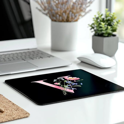 Mouse Pad Pinks Flowers Initial Letters Mousepad Desktop Laptop Computer Accessories Home Office Gaming Work Desk Computer Non-Slip Rubber Monogram Floral Alphabet A-Z mousepad (V)