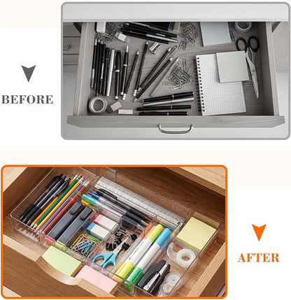 Briwooody 2 Pcs Large Expandable Acrylic Drawer Organizers, Grid Adjustable Drawer, Dividers Organizer for Desk, Makeup, Jewelry, Office, Kitchen Supplies (Clear,8 Compartments)