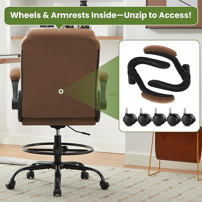Drafting Chair Tall Office Chair for Standing Desk, Ergonomic Tall Desk Chair with Adjustable Foot Ring, Flip-Up Armrests, Lumbar Support, Comfortable Fabric Seat – Ideal for Home and Office Use