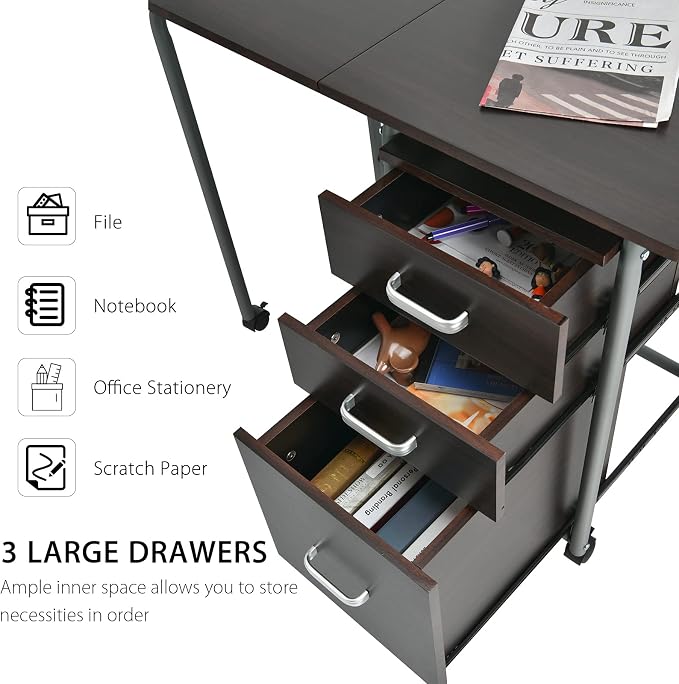 Tangkula Folding Computer Desk with 3 Storage Drawers, Mobile Home Office Desk Study Writing Desk with Smooth Wheels, Space Saving Compact Desk for Dorm Apartment, Rolling Folding Desk Table