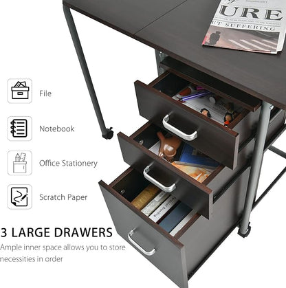 Tangkula Folding Computer Desk with 3 Storage Drawers, Mobile Home Office Desk Study Writing Desk with Smooth Wheels, Space Saving Compact Desk for Dorm Apartment, Rolling Folding Desk Table