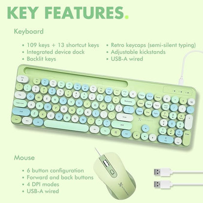X9 Wired Keyboard and Mouse Combo - Retro Typewriter Keyboard with Round Keycaps, Soft White Backlight, Phone Dock, 109 Full-Size Keys, Cute Wired Green Keyboard and Mouse for Laptop, PC & Chromebook