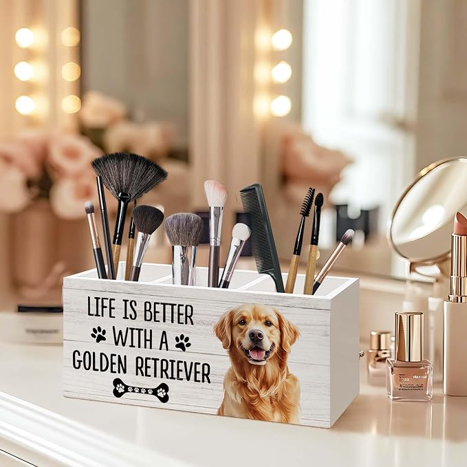 Golden Retriever Gifts Dog Pen Holder for Desk, Gifts for GoldenRetriever Lovers Pencil Organizer, Life is Better with A Golden Retriever Wood Pen Holder Desk Accessories Decor for Home Office