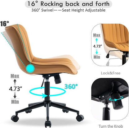 YOUNIKE Ergonomic Home Office Chair with Wheels Comfy Armless Desk Chair with Back Adjustable Height Modern Leather Upholstered Swivel Vanity Chair Small Cute Rolling Task Computer Chair Tan