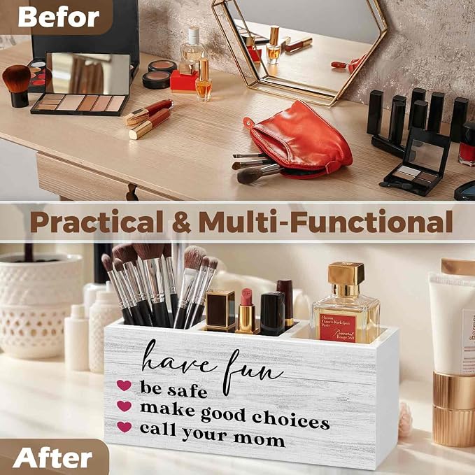 Funny Call Your Mom Pencil Pen Holder for Desk Organizer, Gifts for College Freshman Students Girls Boys, Funny Wooden Box Decorations for College Dorm Desk Tabletop Decor