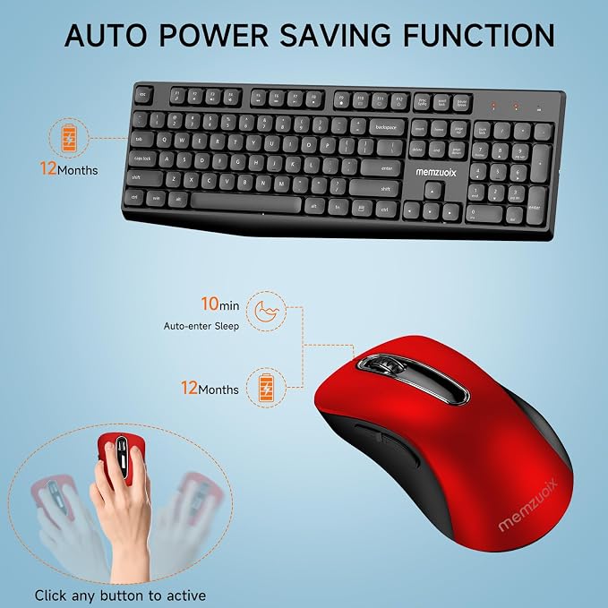 memzuoix Wireless Keyboard and Mouse Combo, 2.4G Full-Size Ergonomic Set with 1400 DPI Mouse, Lag-Free USB Receiver, 6-Month Battery Life for PC/Laptop/Windows/Mac (Black Keyboard + Red Mouse)