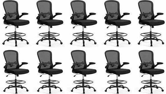 ErGear Drafting Chair, Standing Desk Chair with Flip-Up Armrests, High Desk Chair Adjustable Height, Ergonomic Tall Office Chair with Lumbar Support and Adjustable Footrest Ring,10 Pack