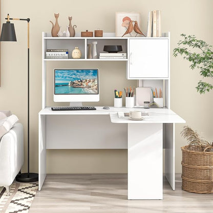 Giantex L Shaped Desk with Hutch, White Corner Desk with Storage Shelf & Cabinet, Laptop PC Table Gaming Computer Table Workstation, Modern Executive Study Writing Desk for Home Office, Bedroom