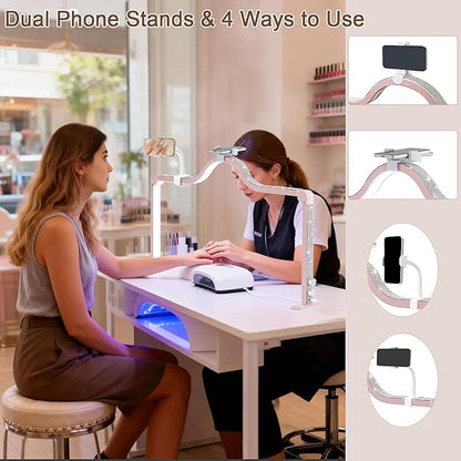 Upgraded Nail Tech Lamp with Dual Phone Holder, 34 in Foldable Large Nail Light for Desk, 3 Modes 3000K-6000K LED Manicure Lamp, Half Moon Light for Lash Eyelash Extension, Tattoo, Eyebrows