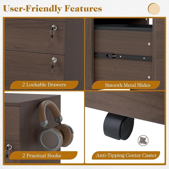 LOKO Mobile File Cabinet with 3 Drawers, Wooden Rolling Filing Cabinet with Lock, Under Desk File Organizer for A4/Letter/Legal Size, for Home Office, Study (Brown)