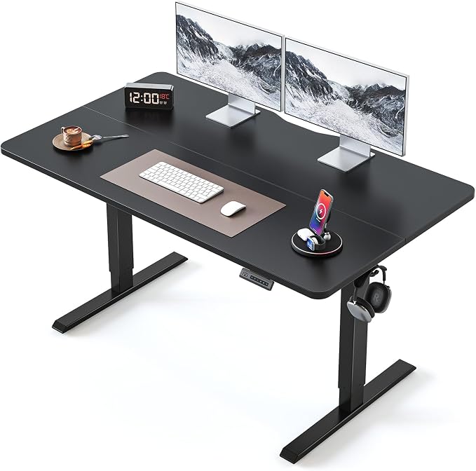 BANTI 55 × 28 Inches Standing Desk, Ergonomic, Electric Height Adjustable, Sit and Stand Up, Computer Desk with a Deeper Desktop, Black Frame/Black Top