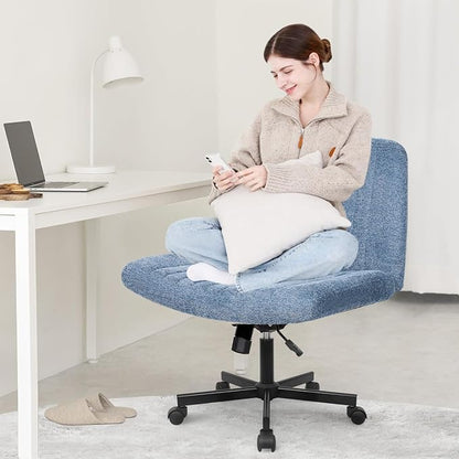 Orange Factory Criss Cross Chair Wheels Wide Cross Legged Office Desk Vanity Chair Comfy Fabric Armless Adjustable Swivel for Home Computer Task (Blue Wheel, Fabric)