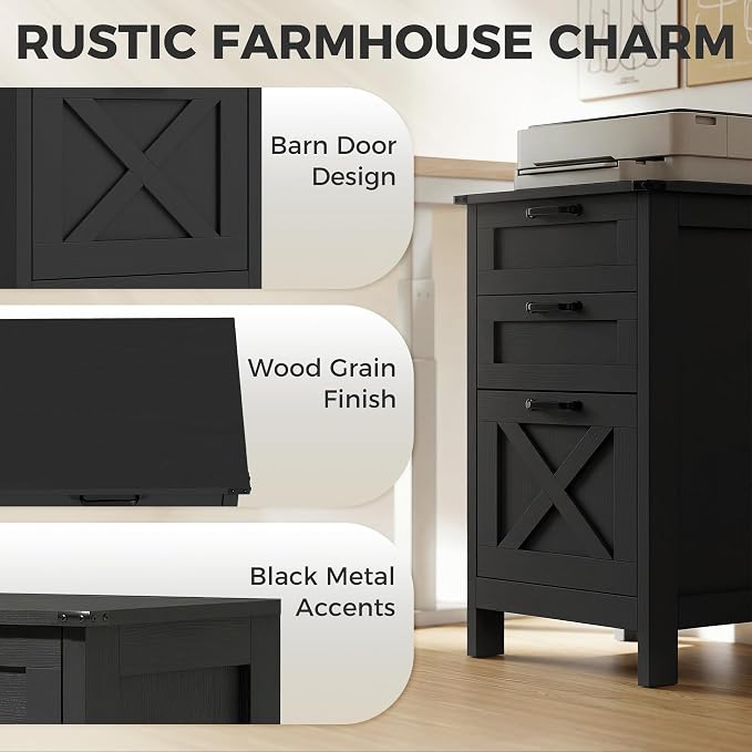 HOMCOM 3 Drawer File Cabinet with Silent Slides, Vertical Filing Cabinet for Hanging A4/Letter Size, Rustic Farmhouse Printer Stand with Storage for Home Office, Distressed Black