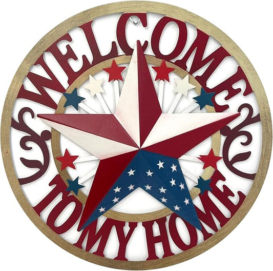 Patriotic Outdoor Decor USA Metal Star Hanging Welcome Home Signs Metal Wall Decor 4th of July Patriotic Front Door Wreaths Hanger,Meta Flag Garden Fence Patio Front Porch Yard Indoor Outdoor 12''H