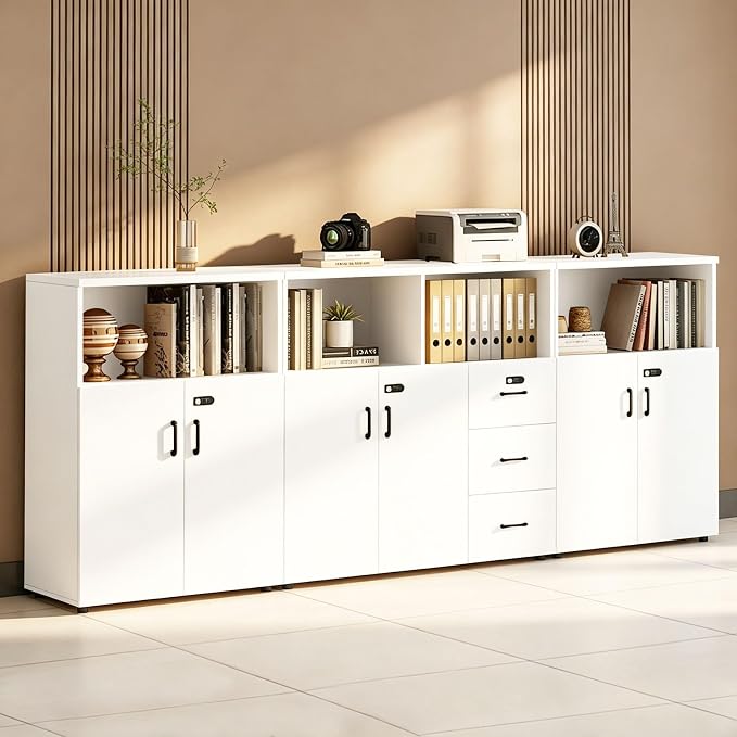 File Cabinet with Password Lock, Wood Lateral Filing Cabinet for Letter/A4 Files, 3 Drawer with Door, Printer Stand with Open Shelves for Home Office