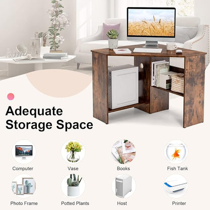 Tangkula Corner Desk, 90 Degrees Triangle Computer Desk for Small Space, Bedroom Makeup Vanity Desk with Storage Shelves & CPU Stand, Space Saving