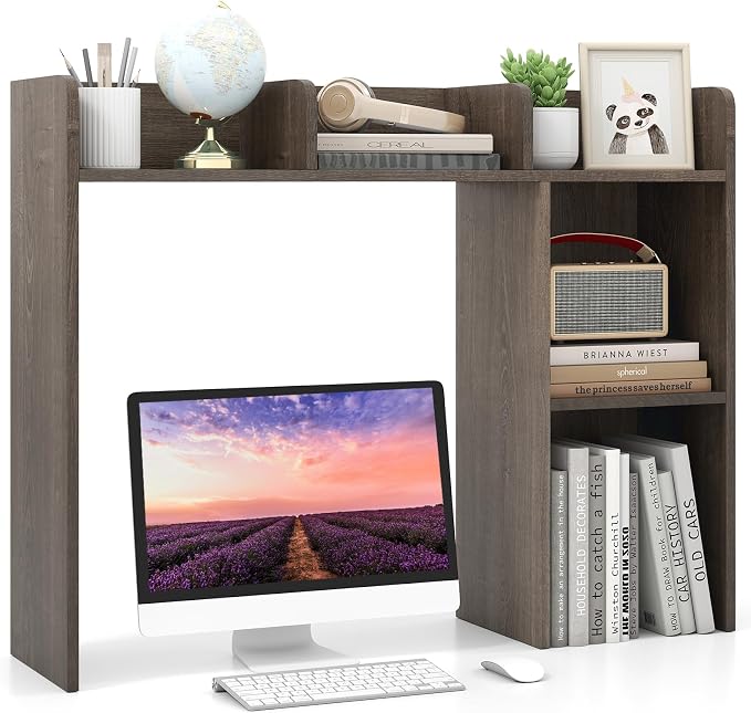 LDAILY Desktop Shelf, Multipurpose Wood Desk Hutch for Max 27" Computer Monitor, Countertop Storage Hutch with 5 Shelves, 3 Tier Desktop Display Rack for Dorm Office Home (Grey Oak)