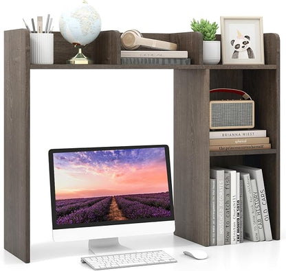 LDAILY Desktop Shelf, Multipurpose Wood Desk Hutch for Max 27" Computer Monitor, Countertop Storage Hutch with 5 Shelves, 3 Tier Desktop Display Rack for Dorm Office Home (Grey Oak)