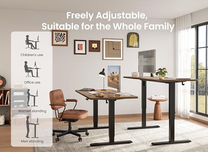 BANTI 55 × 24 Inches Standing Desk, Ergonomic, Electric Height Adjustable, Sit and Stand Up, Computer Office Desk with Splice Board, Black Frame/Rustic Brown Top