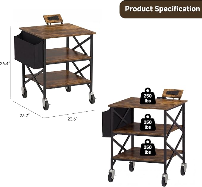 Large Printer Stand with Storage Bag, Rolling Printer Cart with Power Outlet, 3 Tier with Height Adjustable Storage Shelf, 23.6 x 23.6 Inches Printer Table for Home Office