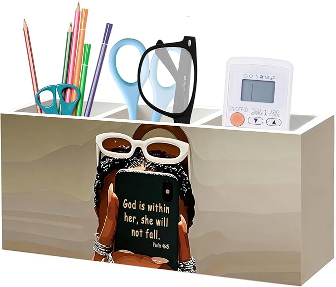 Inspirational Christian Black Girl Woman Makeup Brush Toothbrush Holder, African American Gifts, God is Within Her Bible Verse Wood Signs Pen Pencil Holder Organizer Desk Accessories