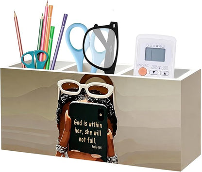 Inspirational Christian Black Girl Woman Makeup Brush Toothbrush Holder, African American Gifts, God is Within Her Bible Verse Wood Signs Pen Pencil Holder Organizer Desk Accessories
