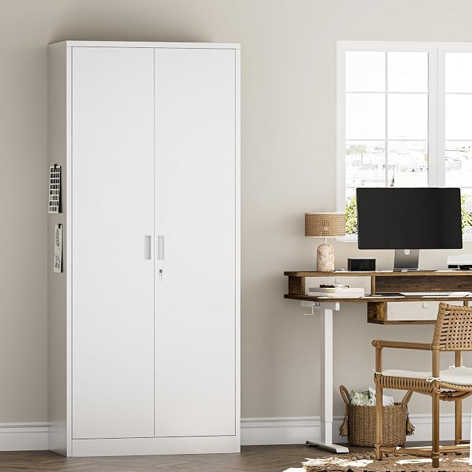 Metal Garage Storage Cabinets,71” Tall Metal File Cabinet with 5 Adjustable Shelves, Lockable Storage Cabinets for Office, Home, Garage, Warehouse 71" H x 32" W x 16" D (White)