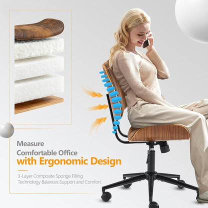 VINGLI Wide Curved Seat&Back Armless Home Office Chair,Ergoromic Adjustable-Height Desk Chair,Swivel&Tilting Function,Stylish Walnut Task Chair for Meeing Room,Dining Room,Vintage Rustic