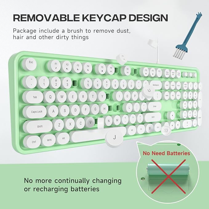 MOWUX Computer Keyboard Wired, Plug and Play USB Retro Round Typewriter Keyboard, Full Size Wired Keyboard with Foldable Stands for Laptop and Office PC- Green