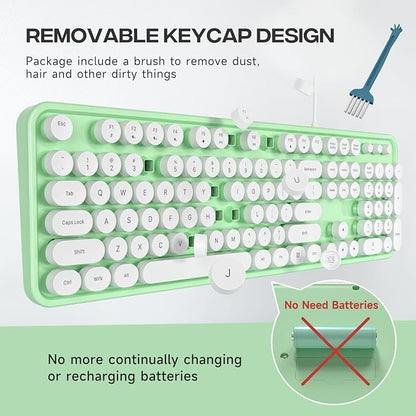 MOWUX Computer Keyboard Wired, Plug and Play USB Retro Round Typewriter Keyboard, Full Size Wired Keyboard with Foldable Stands for Laptop and Office PC- Green